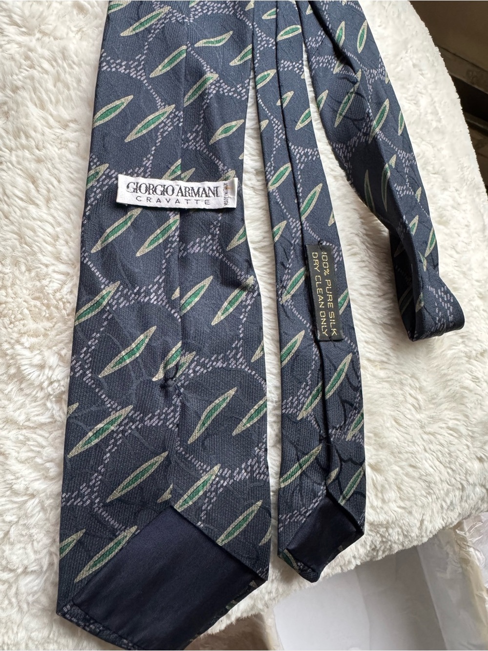 Giorgio Armani Navy Silk Tie with Green and Cream Leaf Motif